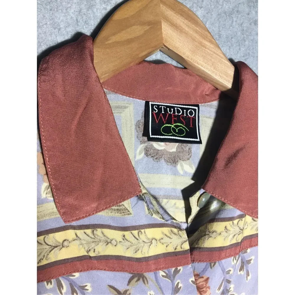 Womens Studio West Button Up Vest Top Orange Blue Floral Pastel Vintage - Picture 2 of 6